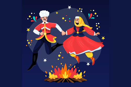 دانلود وکتور EPS و Ai لایه باز شامل پریدن دختر و پسری با لباس محلی از روی آتش ویژه روز چهارشنبه سوری